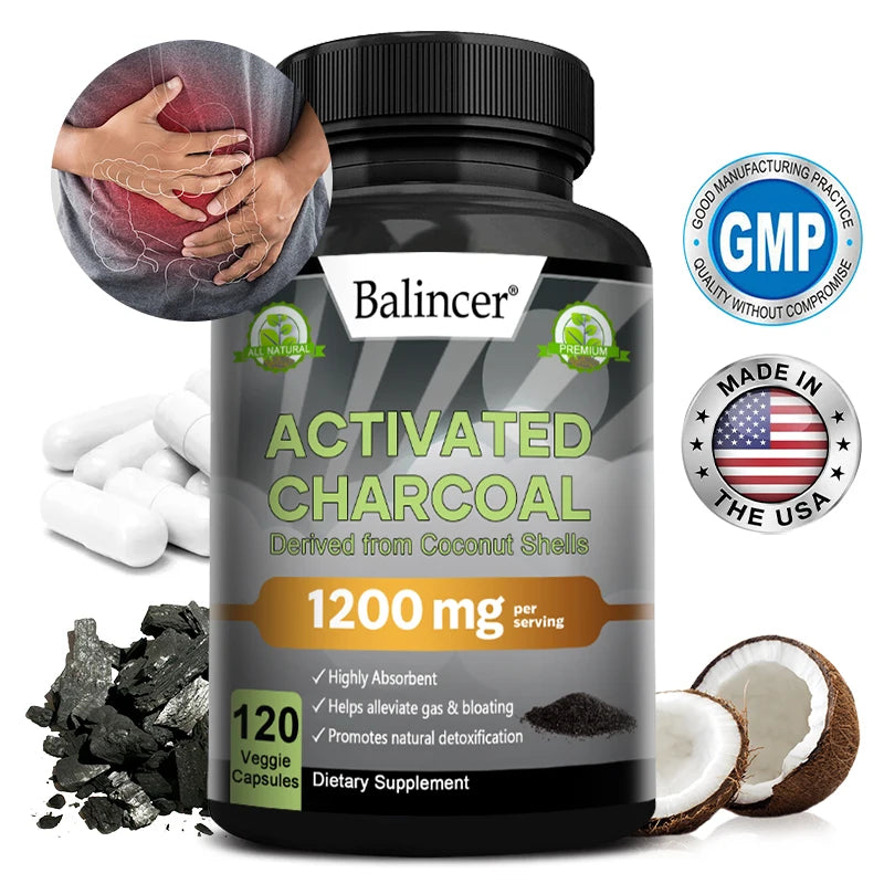 Activated Charcoal Capsules 1,200 Mg - Organic Coconut Shell, Detox, Supports Healthy Cholesterol levels, Healthy Kidney Function, Prevent hangovers, Whitens Teeth, Improves Skin, Helps Relieve Gas, Bloating, Bowel, & Digestive Supplement