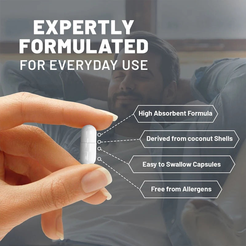 Activated Charcoal Capsules 1,200 Mg - Organic Coconut Shell, Detox, Supports Healthy Cholesterol levels, Healthy Kidney Function, Prevent hangovers, Whitens Teeth, Improves Skin, Helps Relieve Gas, Bloating, Bowel, & Digestive Supplement