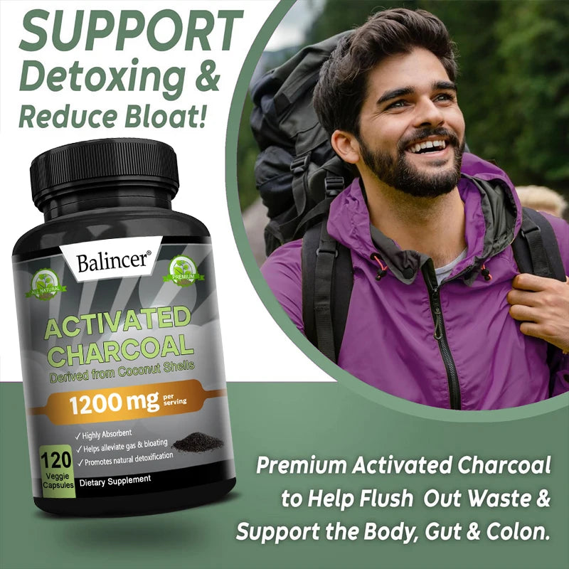 Activated Charcoal Capsules 1,200 Mg - Organic Coconut Shell, Detox, Supports Healthy Cholesterol levels, Healthy Kidney Function, Prevent hangovers, Whitens Teeth, Improves Skin, Helps Relieve Gas, Bloating, Bowel, & Digestive Supplement