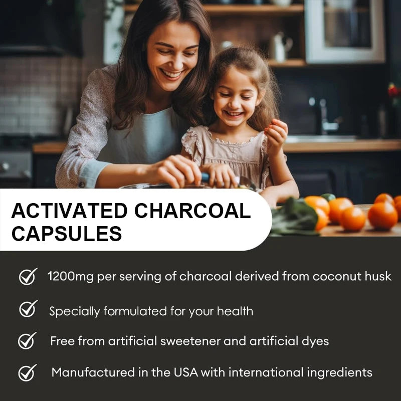 Activated Charcoal Capsules 1,200 Mg - Organic Coconut Shell, Detox, Supports Healthy Cholesterol levels, Healthy Kidney Function, Prevent hangovers, Whitens Teeth, Improves Skin, Helps Relieve Gas, Bloating, Bowel, & Digestive Supplement